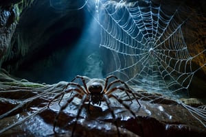 Thrill-themed cinematic film still of ((gigantic savage spider)) trap the sleeping pirates with tight spider web inside of haunted cave when night, dark light, from top dynamic view, cinemascope, highly detailed, more detail XL.