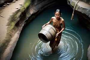 Thrill-themed cinematic film still of a (( burmese lady in simple cloth)) carrying a huge water barrel in a dark ogre cave river, from top view, close up, ancient era, cinemascope, highly detailed ,more detail XL.,monster