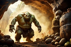 Thrill-themed cinematic film still of a (( big fat wild male ogre)) put full human body into a cooking barel a dark ogre cave, from side view, close up, ancient era, cinemascope, highly detailed ,more detail XL.,monster