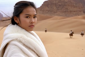 Thrill-themed cinematic film still  of  ( cute  burmese female teen in white fur cloth ) at desert among barbarian male, close up, from cowboy view, cinemascope, highly detailed ,more detail XL.