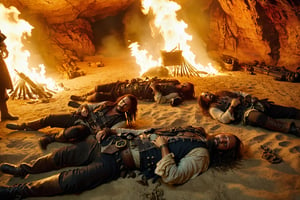 Thrill-themed cinematic film still  of  ((a group of pirates lying on the ground)) dying since being burned by spider acid venom inside of haunted cave when evening, natural light, from side dynamic view, cinemascope, highly detailed, more detail XL.