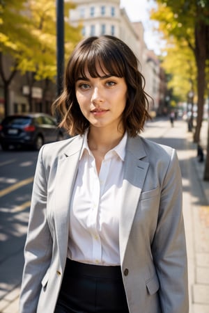 (dynamic camera),photo RAW,(close up:1.2) a pretty girl with short wavy hair, asymmetrical bangs, mature, make up, full lips, perfect body, proportional body wearing blazer and collared shirt and pencil skirt is a
Walking at town street, office. Realistic, realism, hd, 35mm photograph, 8k), masterpiece, award winning photography, natural light, perfect composition, high detail.