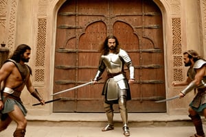 Thrill-themed cinematic film still of a (( male in rusty silver armor, toned body, pale face, long hair  waving his sword to enemy)) fighting with a group of barbarian in front of door of a persian palace door, inside persian palace house, chest to up, from center view, cinemascope, highly detailed ,more detail XL,HellAI.
