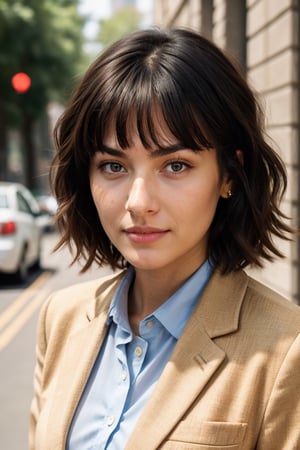 (dynamic camera),photo RAW,(close up:1.2) a pretty girl with short wavy hair, asymmetrical bangs, mature, make up, full lips, perfect body, proportional body wearing blazer and collared shirt and pencil skirt is a
Walking at town street, office. Realistic, realism, hd, 35mm photograph, 8k), masterpiece, award winning photography, natural light, perfect composition, high detail.