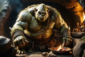 Thrill-themed cinematic film still of a (( big fat wild male ogre)) put human body into a cooking barel a dark ogre cave, from side view, close up, ancient era, cinemascope, highly detailed ,more detail XL.,monster
