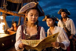 Thrill-themed cinematic film still  of  a (((cute  burmese female teen in pirate cloth))) read a map  with a group of savage mature male pirates during ride a pirate ship when night, torch light, from side dynamic view, cinemascope, highly detailed, more detail XL.