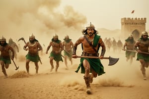 Thrill-themed cinematic film still of a((manchurian male in barbarian cloth and cap holding axe, toned body)) army group running fast left the persian castle to desert sand, among green smoke and haze and explosions, chest to up, from center view, cinemascope, highly detailed ,more detail XL,HellAI.