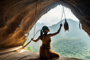 Thrill-themed cinematic film still of a (( burmese lady in simple cloth)) cleaning a huge windows in a dark ogre cave, from below view, close up, ancient era, cinemascope, highly detailed ,more detail XL.,monster