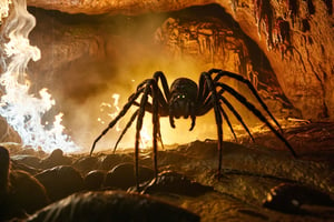 Thrill-themed cinematic film still  of  ((a giant savage and wild spider)) sprouting acid venom to sleeping pirates male inside of haunted cave when evening, natural light, from side dynamic view, cinemascope, highly detailed, more detail XL.