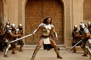 Thrill-themed cinematic film still of a (( male in rusty silver armor, toned body, pale face, long hair  waving his sword to enemy)) fighting with a group of barbarian in front of door of a persian palace door, inside persian palace house, chest to up, dynamic view, cinemascope, highly detailed ,more detail XL,HellAI.