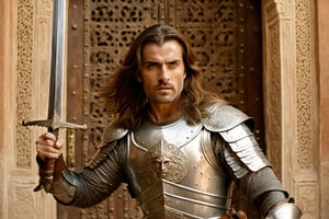 Thrill-themed cinematic film still of a (( male in rusty silver armor while hold his great sword up, toned body, pale face, long hair while ready to attack with his sword to enemy)) in front of door of a persian palace door, inside persian palace house, chest to up, from center view, cinemascope, highly detailed ,more detail XL,HellAI.