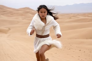 Thrill-themed cinematic film still  of  ( cute  burmese female teen in white fur cloth running fast ) at desert among barbarian male, close up, from cowboy view, cinemascope, highly detailed ,more detail XL.