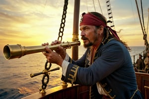 Thrill-themed cinematic film still  of  a savage mature male pirates using telescope at board during ride a pirate ship when sunrise, torch light, from side dynamic view, cinemascope, highly detailed, more detail XL.