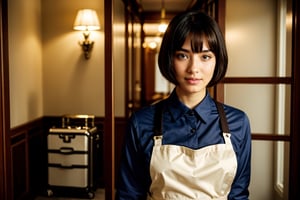 (dynamic camera),photo RAW,(hips to up:1.2) a playfull girl with bob hair, asymmetric_bangs, young, make up, perfect body, proportional body wearing maid ornate apron and collared shirt and pencil skirt is
Pushing trolley full of suit case. at hotel room. Realistic, realism, hd, 35mm photograph, 8k), masterpiece, award winning photography, natural light, perfect composition, high detail.