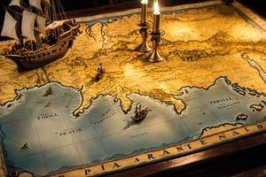 Thrill-themed cinematic film still  of  a map to gold land as piratetarget on table of pirate ship, torch light, from side dynamic view, cinemascope, highly detailed, more detail XL.