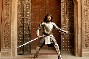 Thrill-themed cinematic film still of a (( male in rusty silver armor while whipping great sword, toned body, pale face, long hair while whipping his sword to enemy)) in front of door of a persian palace door, inside persian palace house, chest to up, from center view, cinemascope, highly detailed ,more detail XL,HellAI.