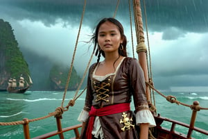 Thrill-themed cinematic film still  of  (((cute  burmese female teen in pirate cloth))) standing at pirate sailing boat at among ocean under the rain, from dynamic view, cinemascope, highly detailed, more detail XL.