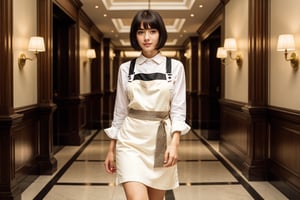 (dynamic camera),photo RAW,(hips to up:1.2) a playfull girl with bob hair, asymmetric_bangs, young, make up, perfect body, proportional body wearing maid ornate apron and collared shirt and pencil skirt is
Walking at hotel hall. Realistic, realism, hd, 35mm photograph, 8k), masterpiece, award winning photography, natural light, perfect composition, high detail.