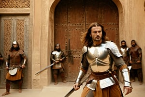 Thrill-themed cinematic film still of a (( male in rusty silver armor, toned body, pale face, long hair  waving his sword to enemy)) fighting with a group of barbarian in front of door of a persian palace door, inside persian palace house, chest to up, from side view, cinemascope, highly detailed ,more detail XL,HellAI.