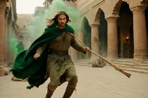 Thrill-themed cinematic film still of a (( male in hood cloth, slim body, pale ugly face, long hair  dynamically waving his magic stick to enemy while flying)) throwing dark green light to a group of savage manchurian barbarian while running left the persian palace street, wrecked surrounding, chest to up, dynamic view, cinemascope, highly detailed ,more detail XL,HellAI.