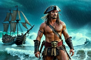 Thrill-themed cinematic film still  of a (( barbarian pirate male toned body captain )) standing at pirate sailing boat at coast among wave under the rain, from dynamic view, cinemascope, highly detailed, more detail XL.