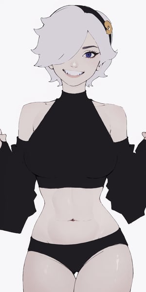 (masterpiece, 4k, best quality), lineart, colette, 1girl, black top, crop top, bare shoulders, black panties, big breasts, hair over one eye, short hair, white hair, hairband, smile, smirk, sharp teeth, white background