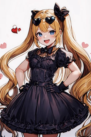 (masterpiece, 4k, best quality), 1girl, solo, black puffy short sleeves, black dress, twintails, black gloves, smile, hair bow, hands on hips, very long hair, blonde hair, bow, white background, :d, sunglasses, eyewear on head, heart, bangs, open mouth, looking at viewer, frills, frilled dress, pleated dress, small breasts