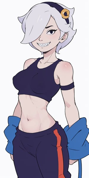 (masterpiece, 4k, best quality), anime, colette, 1girl, crop top, sweatpants, medium breasts, hair over one eye, short hair, white hair, hairband, smile, smirk, sharp teeth, white background