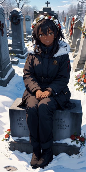 (masterpiece, 4k, best quality), 1girl, (dark skin), winter jacket, fur pants, boots, wreath of flowers, smile, cemetery, outdoors, sitting on the grave, winter, snow, sun rays, detailed