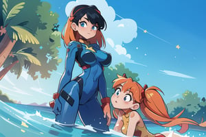 Anime girl with red hair and blue bodysuit with legs crossed posing by the water, Asuka plugsuit under her clothes!, full body Zenkai! Asuka suit, Asuka, Asuka as a surfer model, Asuka Langley Sohryu, Asuka Langley Soryu, Asuka Langley Souryuu, is wearing a swimsuit, Asuka Langley, seductive anime girl,onk_arima,  red synthetic skin with exposed black muscles, hot woman, sculptural body with defined muscles, closed mouth, muscular body, full body covered in neon Genesis Evangelion style clothing, ((big breasts)), (blue eyes with makeup heavy and very black), (((straight hair, (stars covering the body), ((gold star designs on the arms)), very long eyelashes, heavy eye makeup, ((best quality)), ((work- πrima)), (Detailed: 1.4), (Absurd), --V5, Close to real, Sexy pose, Giant Gundam-style Robot head background, Centered, scaled to fit dimensions, HDR (high dynamic range) ,ray tracing,NVIDIA RTX,SuperRes,Unreal 5,Subsurface Dispersion, PBR Texture, Post Processing, 