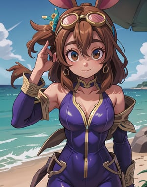 (arina-6000:0.8), solo, a 14-year-old girl with bunny ears, clad in a unitard and short-sleeve jacket, brown hair, brown eyes, red swimsuit, medium breasts, masterpiece, best quality, goggles on head, (long droopy rabbit ears), close to viewer, looking at viewer, exposed shoulders, cleavage, collarbone, at the beach, ocean, short hair, sleeveless, gyokai, star eyes, perfect detailed eyes,Zhang Chunhua