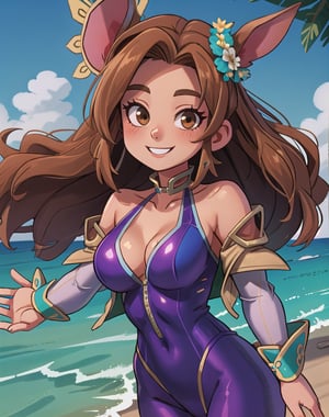(arina-6000:0.8), solo, a 14-year-old girl with bunny ears, serene smile, clad in a unitard and short-sleeve jacket, brown hair, brown eyes, red swimsuit, medium breasts, masterpiece, best quality, goggles on head, (long droopy rabbit ears), close to viewer, looking at viewer, exposed shoulders, cleavage, collarbone, at the beach, ocean, short hair, sleeveless, gyokai, star eyes, perfect detailed eyes,Zhang Chunhua