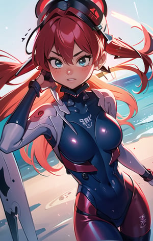 Anime girl with red hair and blue bodysuit posing by the water, Asuka suit under her clothes!, full body Zenkai! Asuka suit, Asuka, Asuka as a surfer model, Asuka Langley Sohryu, Asuka Langley Soryu, Asuka Langley Souryuu, is wearing a swimsuit, Asuka Langley, seductive anime girl