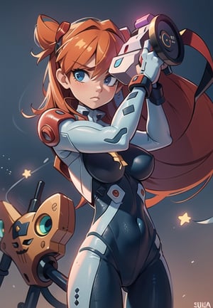 Anime girls with red hair and blue bodysuit, posing by the water, Holding a zillion pistol inting diagonally to the top right corner of the camera, Asuka plugsuit under her clothes!, full body Zenkai! Asuka suit, Asuka, Asuka as a surfer model, Asuka Langley Sohryu, Asuka Langley Soryu, Asuka Langley Souryuu, is wearing a swimsuit, Asuka Langley, seductive anime girl,onk_arima, red synthetic skin with exposed black muscles, hot woman, sculptural body with defined muscles, closed mouth, muscular body, six pack, full body covered in neon Genesis Evangelion style clothing, ((big breasts)), (blue eyes with makeup heavy and very black), (((straight hair, (stars covering the body), ((gold star designs on the arms)), very long eyelashes, heavy eye makeup, ((best quality)), ((work- πrima)), (Detailed: 1.4), (Absurd), --V5, Close to real, Sexy pose, Giant Gundam-style Robot head background, Centered, scaled to fit dimensions, HDR (high dynamic range) ,ray tracing,NVIDIA RTX,SuperRes,Unreal 5,Subsurface Dispersion, PBR Texture, Post Processing, ,mie-san