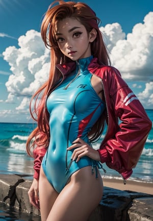 Anime girl with red hair and blue bodysuit posing by the water, Asuka suit under her clothes!, full body, Asuka as a surfer model, Asuka Langley Sohryu, Asuka Langley Soryu, Asuka Langley Souryuu, is wearing a swimsuit, Asuka Langley, seductive anime girl