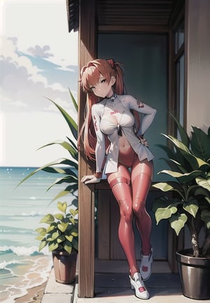 Anime girl with red hair and blue bodysuit posing by the water, Asuka suit under her clothes!, full body, Asuka as a surfer model, Asuka Langley Sohryu, Asuka Langley Soryu, Asuka Langley Souryuu, is wearing a swimsuit, Asuka Langley, seductive anime girl