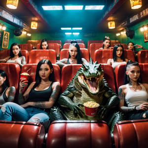 wide_shot, cinematic, ultra high definition, hyper realistic, high detailed, 8K, (masterpiece, best quality), 1 man, 4 girls, a (((humanoid crocodile body, wearing tuxido))), and (4 sexy tattooed girls), watching a movie, in the cinema, while eating popcorn, together, having fun, realhands, four fingers, milokk,
,cyberpunk style