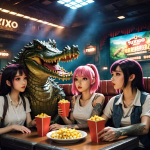 (Anime-style:1.3), wide_shot, cinematic, ultra high definition, hyper realistic, high detailed, 8K, (masterpiece, best quality), 1 man, 4 girls, a (((humanoid crocodile, wearing tuxido))), and (4 sexy tattooed girls), watching a movie, in the cinema, while eating popcorn, together, having fun, realhands, four fingers, milokk,
