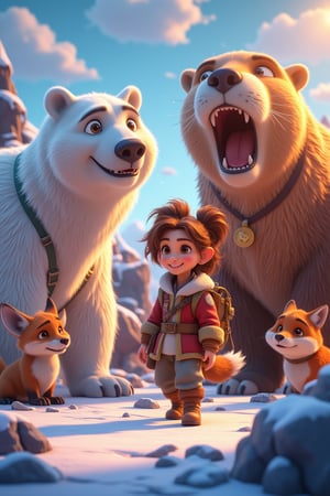 A warm golden light casts a mystical glow on the snowy landscape as the Arctic Explorer, dressed in thick fur-lined attire, approaches a gathering of majestic polar beasts. The explorer's fur-lined hood is thrown back, revealing a determined expression, while the polar creatures - a majestic white bear, a playful arctic fox, and a curious walrus - surround her, their icy breath visible in the chill air.,cartoon art