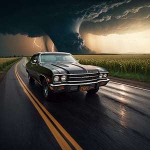 (((the broken farmers car speeding down the winding road escapes from a giant black tornado))), ((perfect anatomy)), (detailed background), high_resolution, ((masterpiece)), cinematic photo raw photo 4k gopro4 shot, ultra detailed, realistic, photo realistic, professional photo shooting, highly detailed, ((overcast sky)), strong wind, flying debris, flying small piece of glass scatter around, A dramatic scene, masterpiece, realistic, highres, dark, night_sky, Hollywood style,