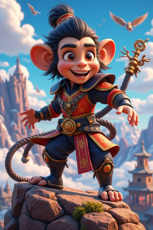 3d vibrant cartoon art ilustration, featuring wukong, human-with monkey fur, wear his iconic armoured suit black and gold ancient chinese armoured suit with touch of futuristic style, in action pose, at top of mountain. cartoon art,FluxBoost,Wukong