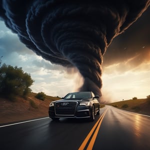 (((the bad farmers car speeding down the winding road escapes forming a giant black tornado))), ((perfect anatomy)), (detailed background), high_resolution, ((masterpiece)), cinematic photo raw photo 4k gopro4 shot, ultra detailed, realistic, photo realistic, professional photo shooting, highly detailed, ((overcast sky)), strong wind, flying debris, flying small piece of glass scatter around, A dramatic scene, epic angle shot, masterpiece, realistic, highres, night_sky, Hollywood style,