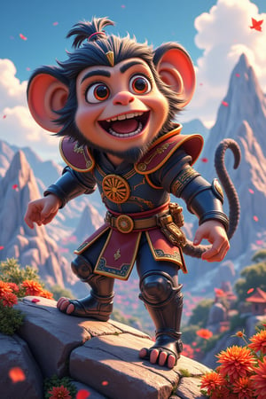 3d vibrant cartoon art ilustration, featuring wukong, human-with monkey fur, wear his iconic armoured suit black and gold ancient chinese armoured suit with touch of futuristic style, in action pose, at top of mountain. cartoon art,FluxBoost,Wukong