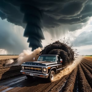 (((farmer car are running away form a black giant tornado))), ((perfect anatomy)), (detailed background), high_resolution, ((masterpiece)), cinematic photo raw photo 4k gopro4 shot, ultra detailed, realistic, photo realistic, professional photo shooting, highly detailed, ((overcast sky)), strong wind, flying debris, debris scatter around, action scene, epic angle shot, Hollywood style,