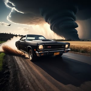 (((the broken farmers car speeding down the winding road escapes forming a giant black tornado))), ((perfect anatomy)), (detailed background), high_resolution, ((masterpiece)), cinematic photo raw photo 4k gopro4 shot, ultra detailed, realistic, photo realistic, professional photo shooting, highly detailed, ((overcast sky)), strong wind, flying debris, flying small piece of glass scatter around, A dramatic scene, masterpiece, realistic, highres, dark, night_sky, Hollywood style,