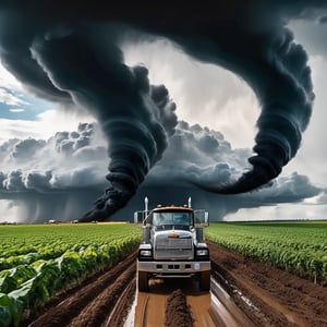 (((farmer car are running away form a black giant tornado))), ((perfect anatomy)), (detailed background), high_resolution, ((masterpiece)), cinematic photo raw photo 4k gopro4 shot, ultra detailed, realistic, photo realistic, professional photo shooting, highly detailed, ((overcast sky)), strong wind, flying debris, debris scatter around, action scene, epic angle shot, Hollywood style,