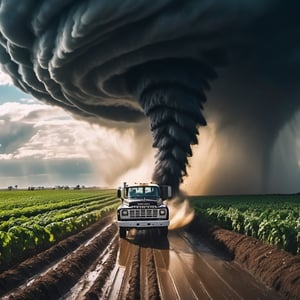 (((farmer car are running away form a black giant tornado))), ((perfect anatomy)), (detailed background), high_resolution, ((masterpiece)), cinematic photo raw photo 4k gopro4 shot, ultra detailed, realistic, photo realistic, professional photo shooting, highly detailed, ((overcast sky)), strong wind, flying debris, debris scatter around, action scene, epic angle shot, Hollywood style,