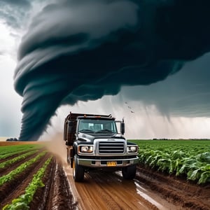 (((farmer car are running away form a black giant tornado))), ((perfect anatomy)), (detailed background), high_resolution, ((masterpiece)), cinematic photo raw photo 4k gopro4 shot, ultra detailed, realistic, photo realistic, professional photo shooting, highly detailed, ((overcast sky)), strong wind, flying debris, debris scatter around, action scene, epic angle shot, Hollywood style,