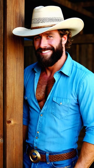 A man, nerdy cowboy, (with cowboy hat), no shirt, well-groomed beard, body hair, cute appearance, jeans, upper part of the body, exposed chest, charming smile, deep gaze, farm in the background, cinematic