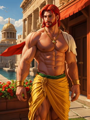 a beautiful man, (Greek god), with Greek god clothes, red hair, sunny day
